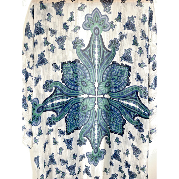 Dizzire Sheer Kimono Wrap Cover Up Long 1X White Blue Sheer Gypsy Boho Festival - Picture 8 of 10
